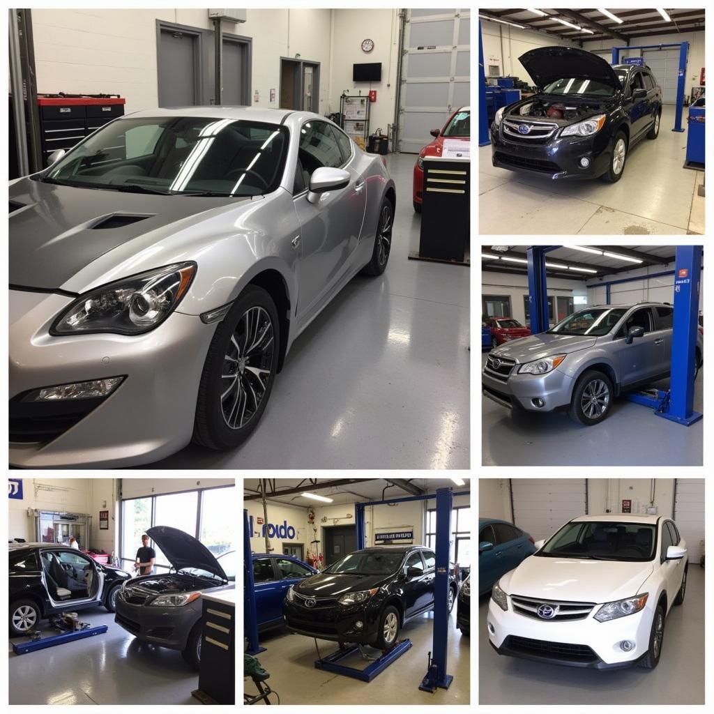 A collage of images showcasing the best car body repair shops in Leicester, highlighting their modern equipment and skilled technicians.