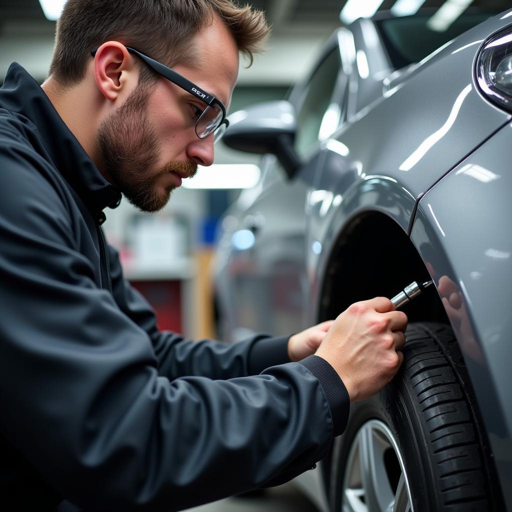 Car Body Repair Technician Assessing Vehicle Damage in Hull