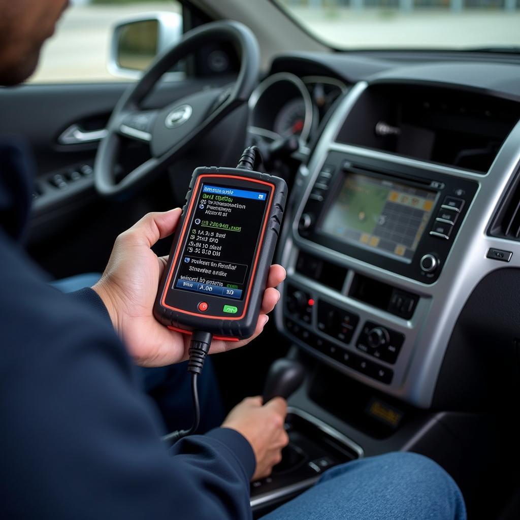 Mechanic using a best car diagnostic tool 2015 to diagnose a car engine issue.