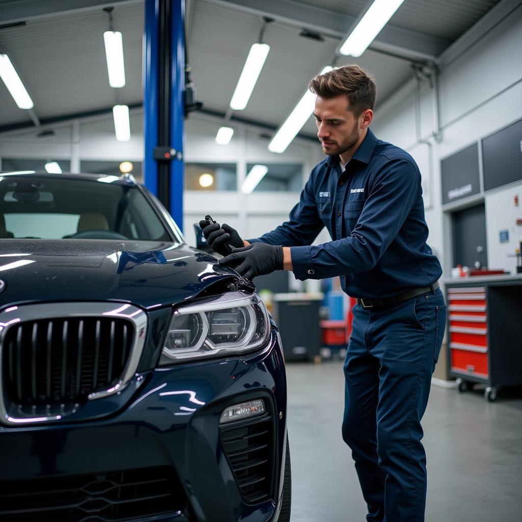 BMW Approved Body Shop Technician Working on a Damaged Car