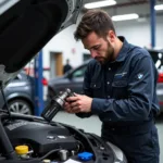 A certified BMW technician working on a car engine.