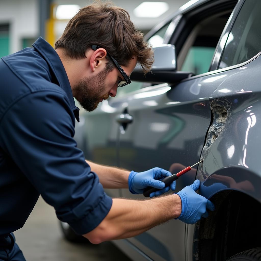 Experienced auto body repair technician in Boston inspecting a damaged car door.