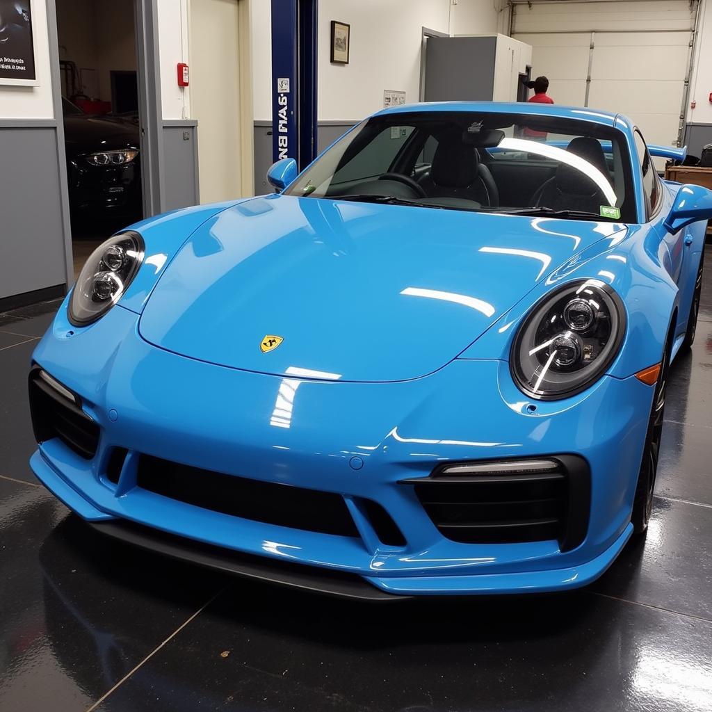 A newly repaired car in a Brisbane car body repair shop