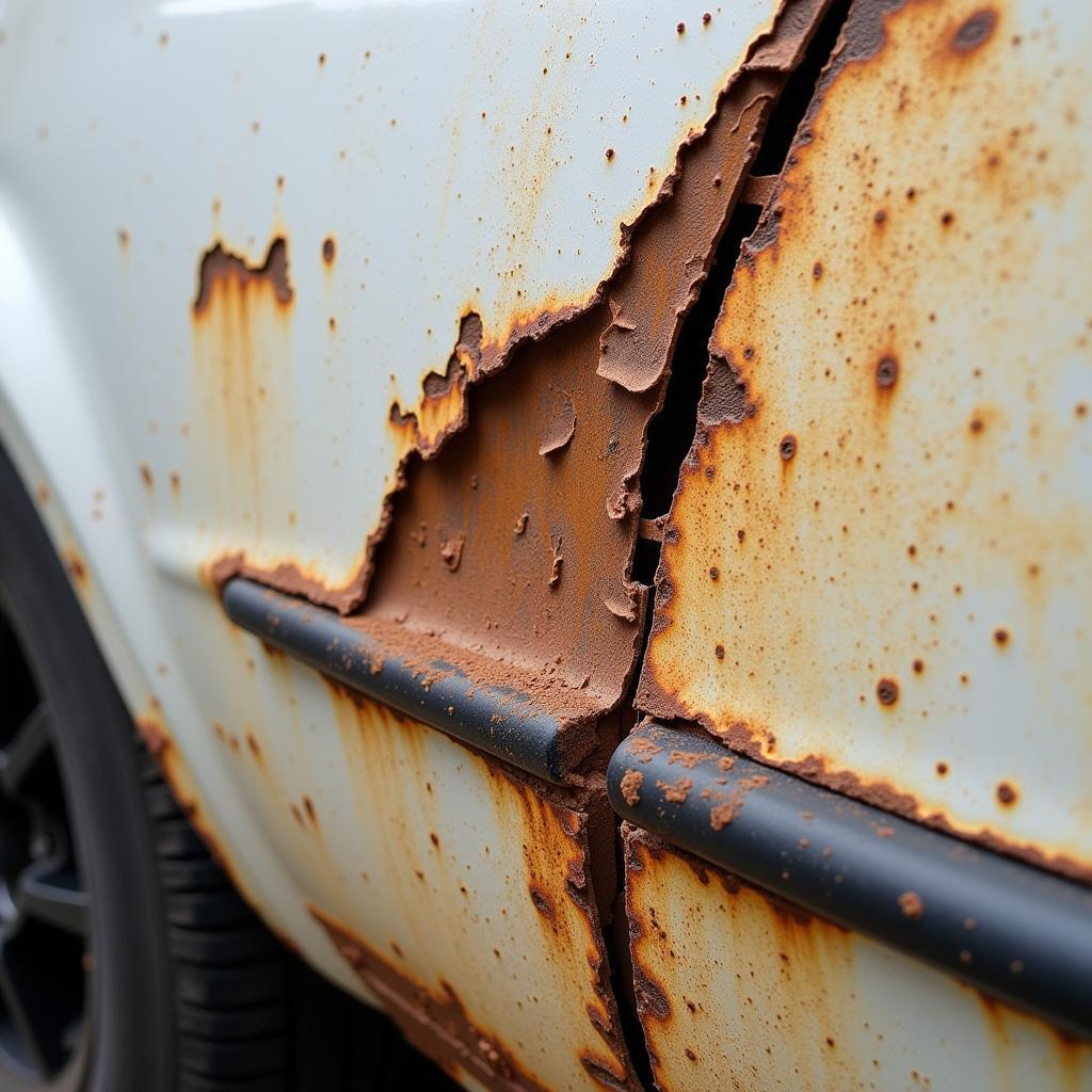 Close-up of bubbling car paint showing rust underneath