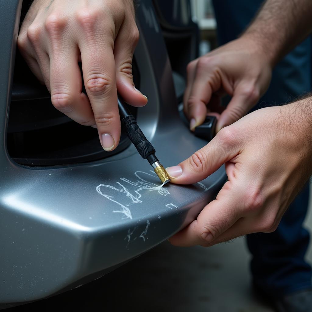 Close-up of a Technician Repairing a Scratched Bumper in Altens, Aberdeen