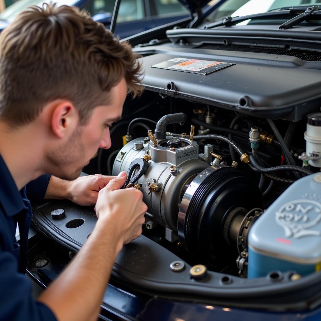 Mechanic inspecting a car AC compressor