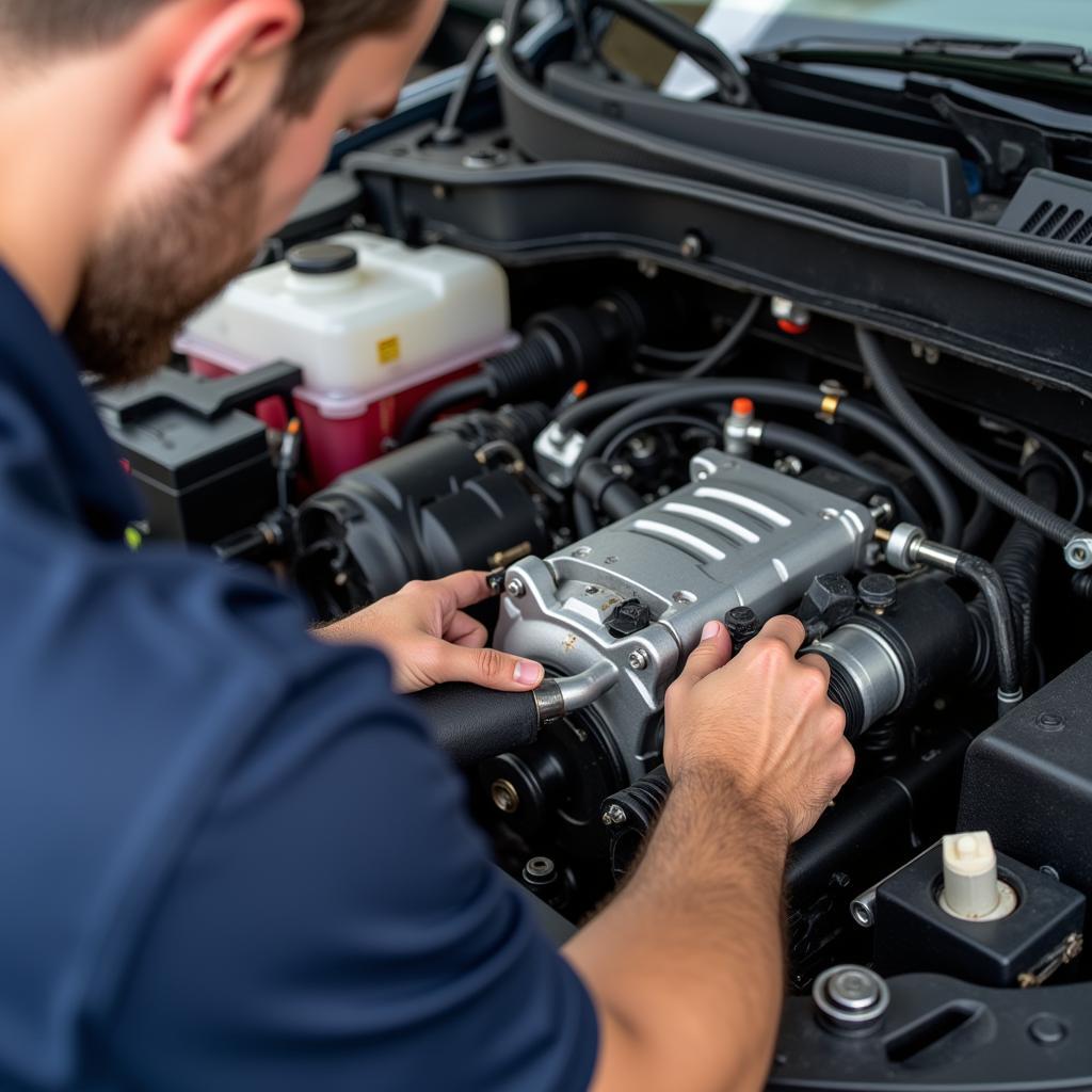 Mechanic Repairing a Car AC Compressor