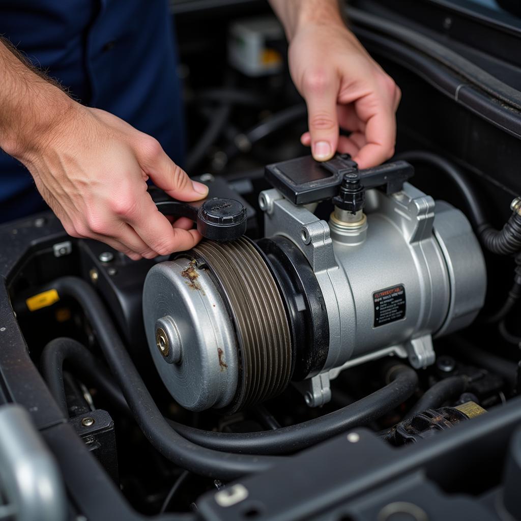 Technician Inspecting a Car AC Compressor