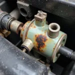 Car AC pump exhibiting signs of failure, such as leaks and corrosion