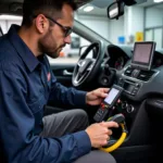 Technician Diagnosing Car AC Issues