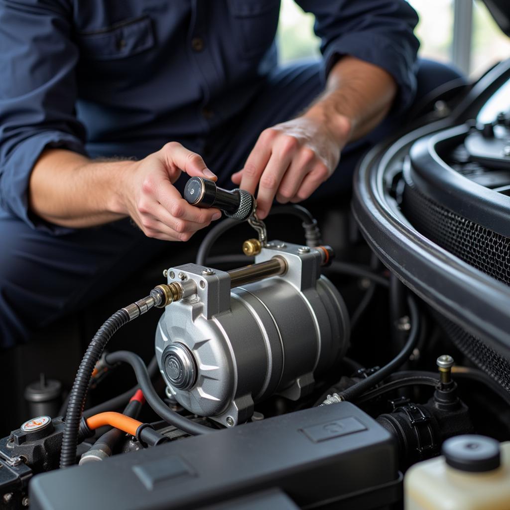 Car AC Repair Technician Working on Compressor