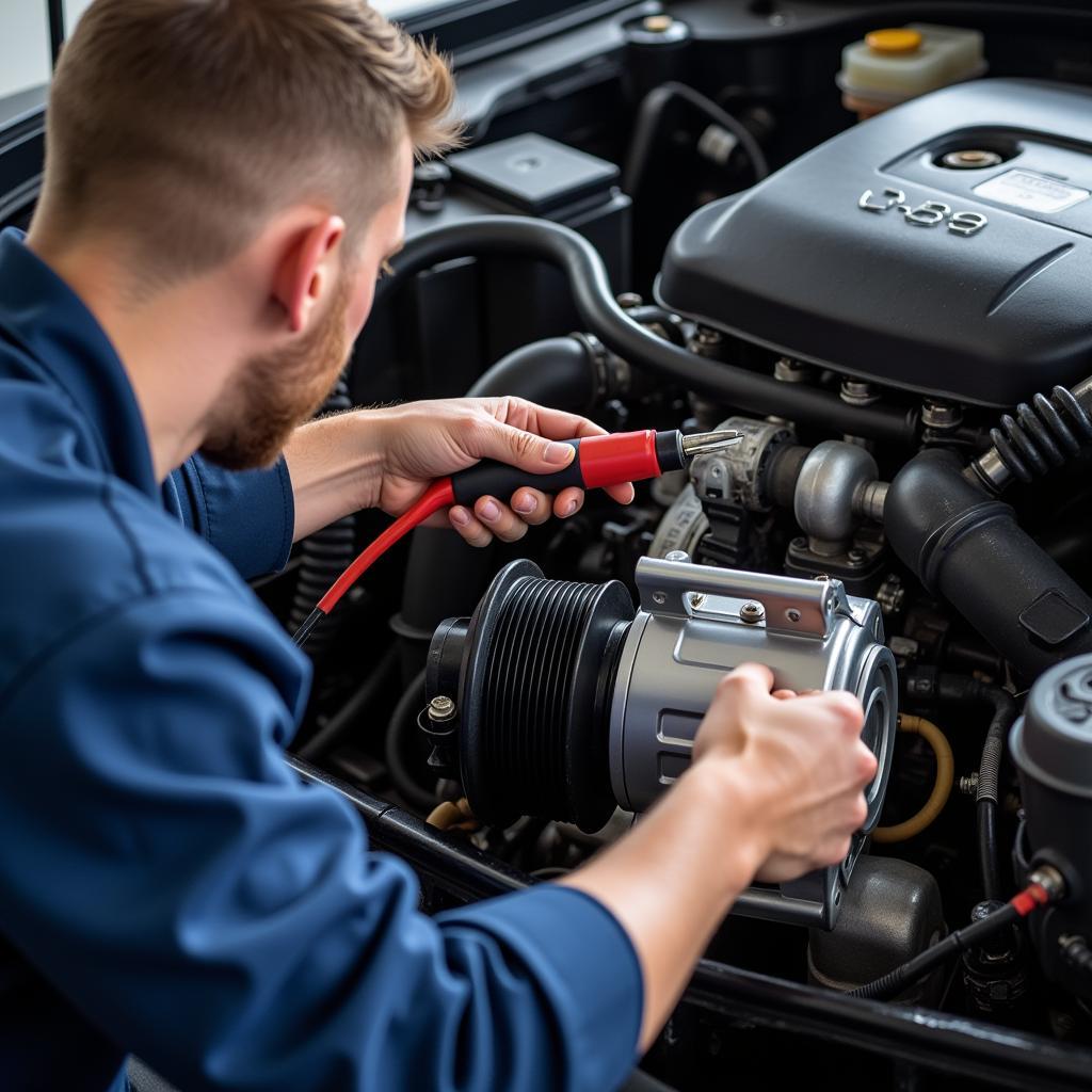 Car AC Repair Technician Working on Compressor