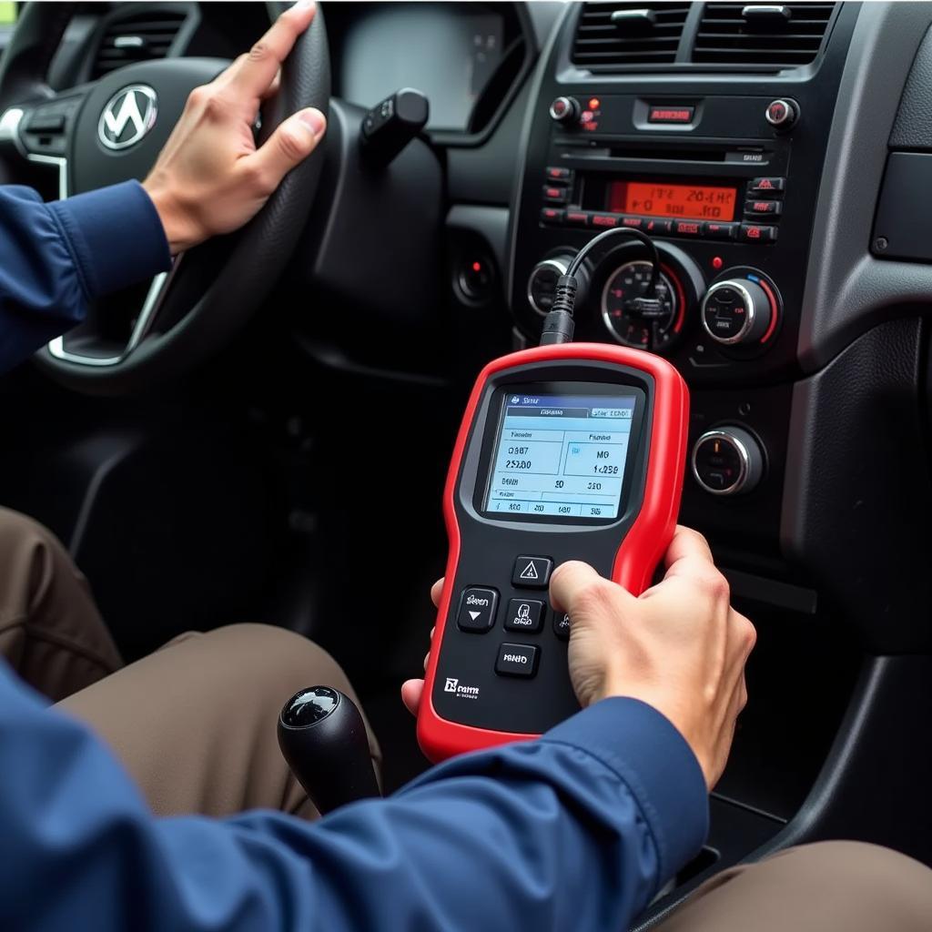 Technician performing a diagnostic check on a car's AC system