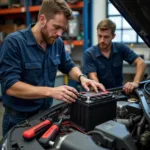 Car Battery Inspection at a Repair Garage