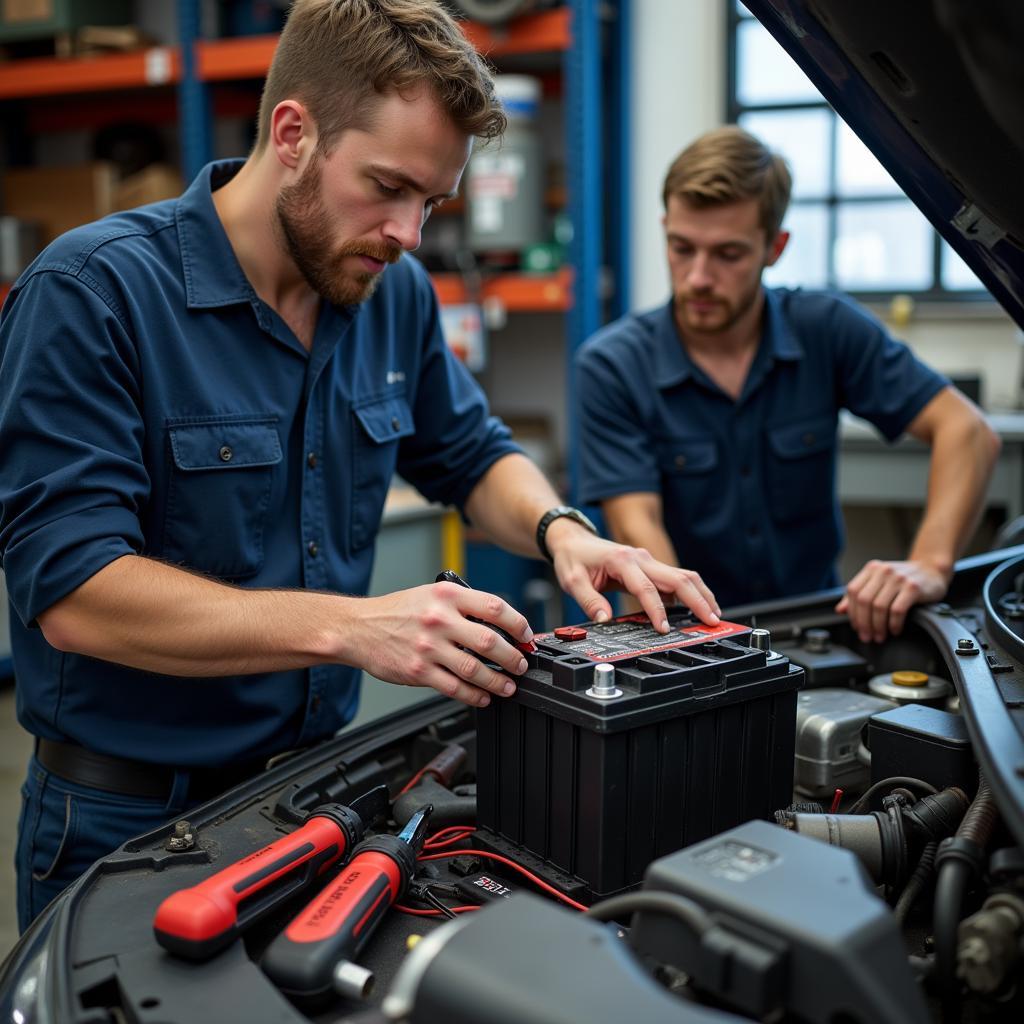 Car Battery Inspection at a Repair Garage