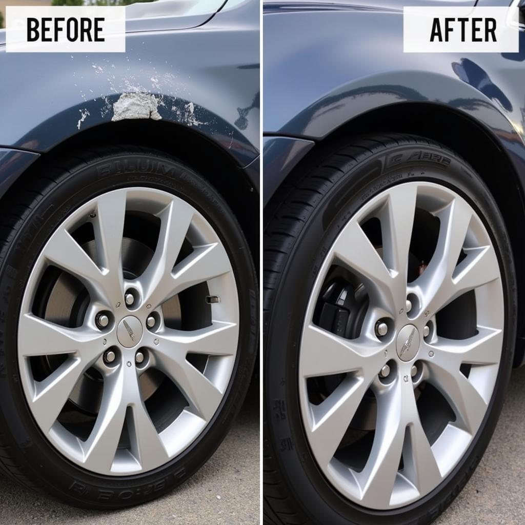 Car body damage and alloy wheel scratches before and after professional repair