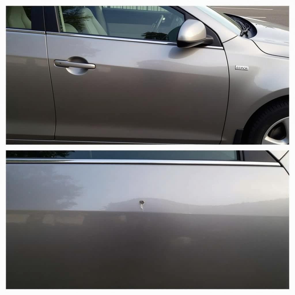 Before and after using a car body chip repair kit.