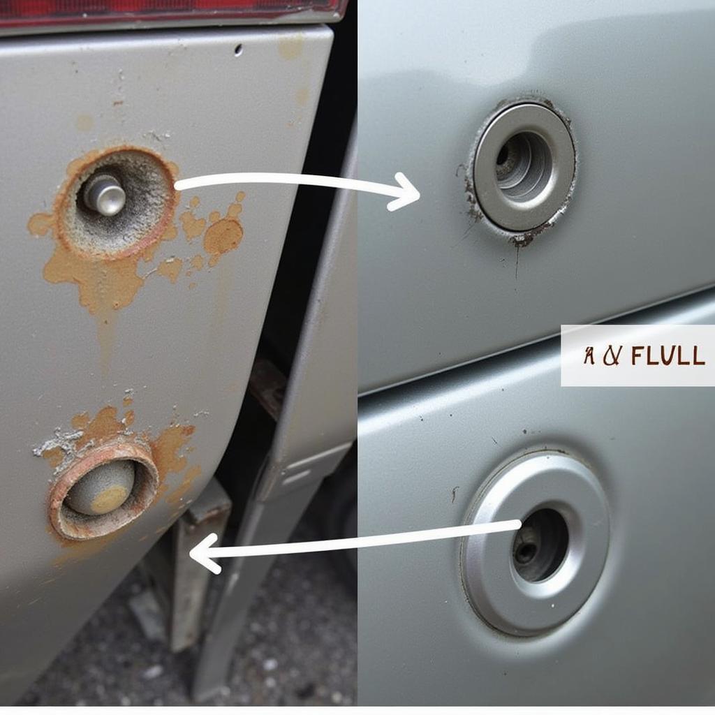 Assessing Car Body Hole Damage: A Close-up View of Rust and Impact Damage