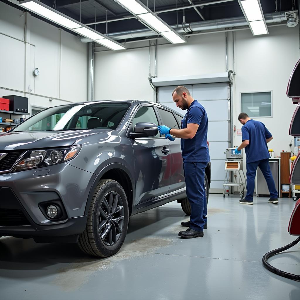 Car body paint repair shop in Dundee showcasing modern equipment and skilled technicians.