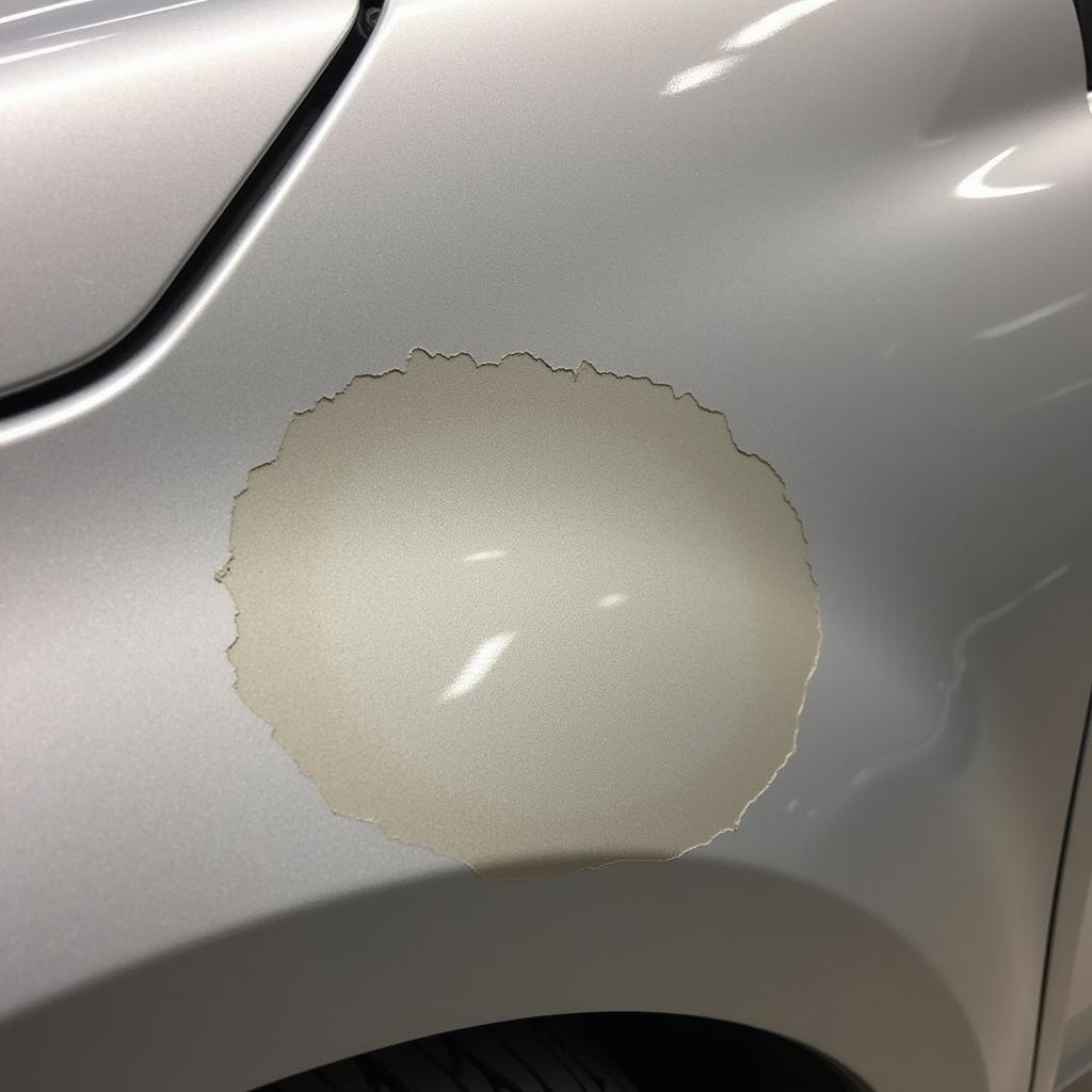 Car Body Patch Repair Showing Dull Paint Due to Improper Blending