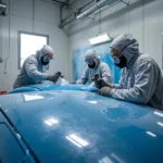 Students practicing advanced spray painting techniques in a professional booth.