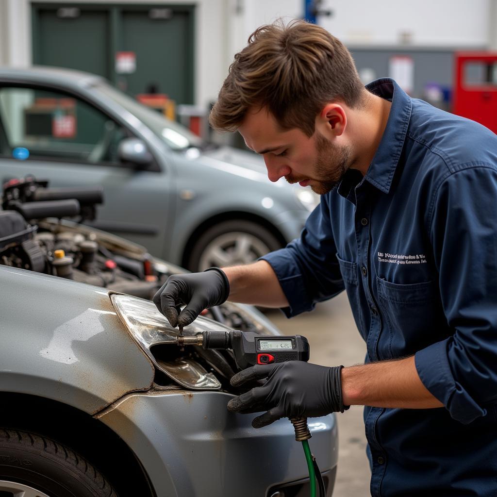 Apprentice performing panel beating on a damaged car body in a Fareham workshop