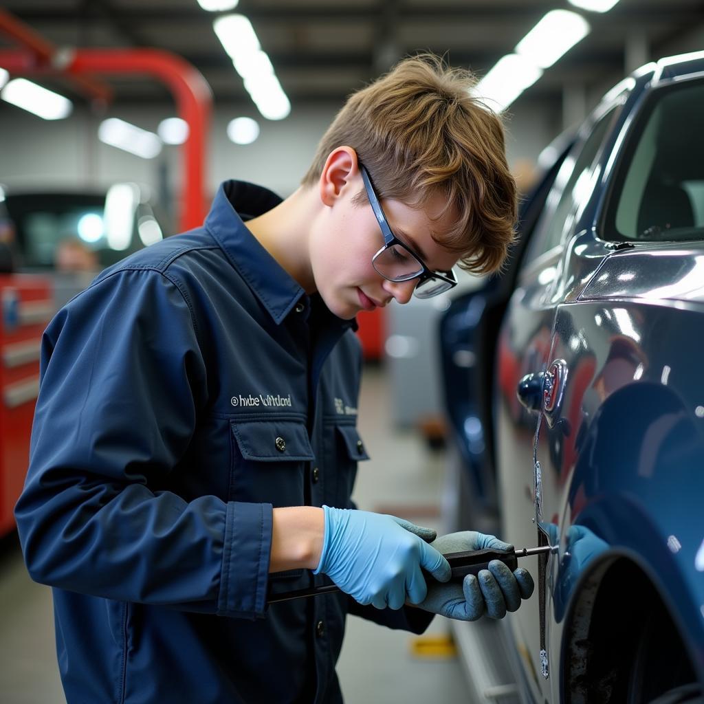 Apprentice Working in a Car Body Repair Workshop in Sheffield