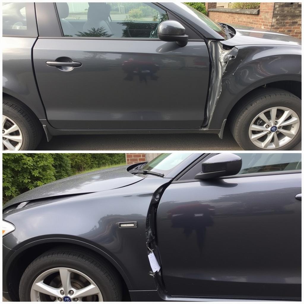 Before and after photos of a car body repair in Holyhead