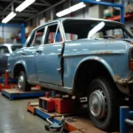 Car body repair bench in use, showing a damaged vehicle being straightened