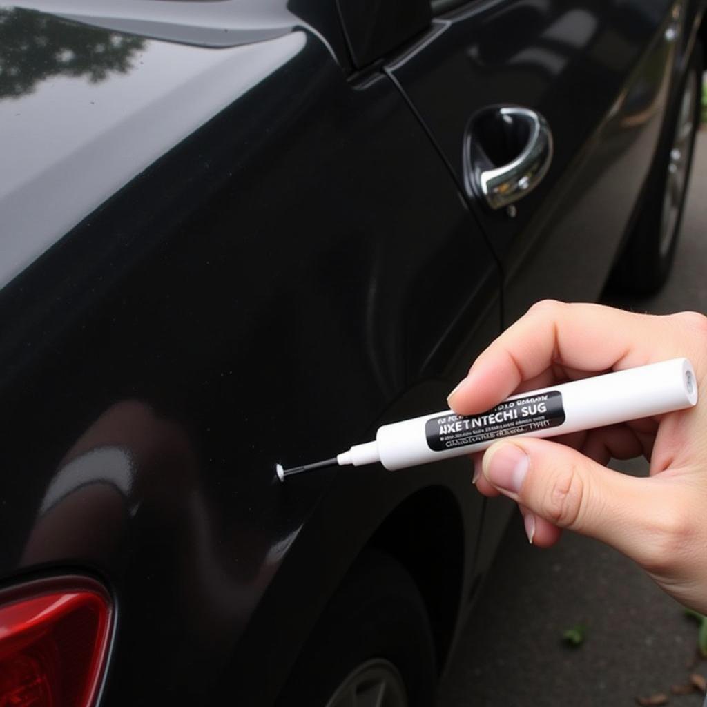 Applying Car Body Repair Black Marker to a Scratch