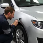 Car body repair in Brackmills: Dent removal process on a silver sedan.