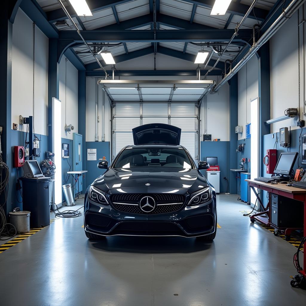 Modern equipment in a car body repair shop in Bridgend