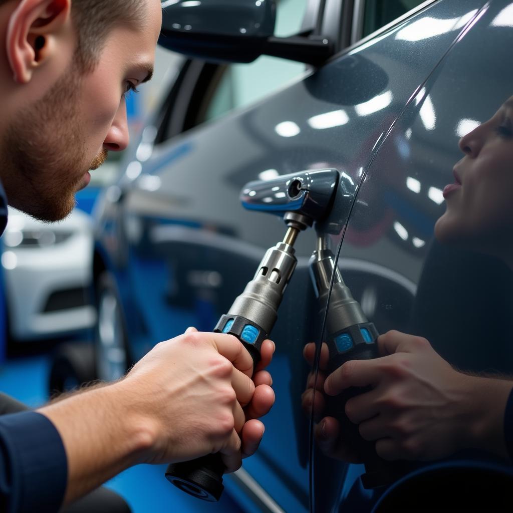 Car body repair in Brislington showing dent removal process