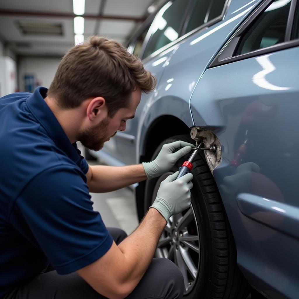 Car body repair process in Brixworth showcasing dent removal