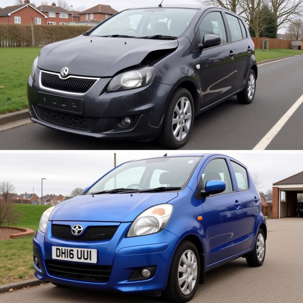 Before and after comparison of a car body repair in Burton-upon-Trent showcasing the transformation of a damaged vehicle.