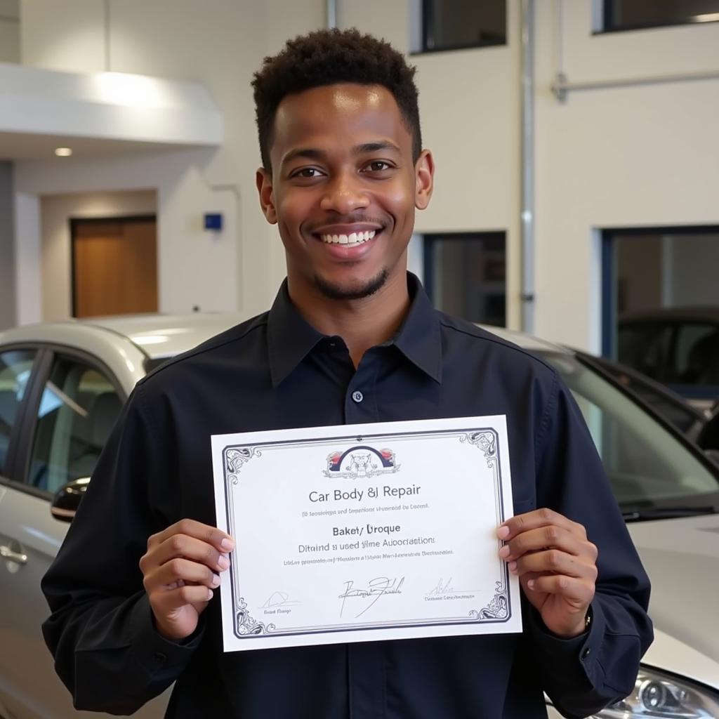 A graduate holding their car body repair certificate in Plymouth