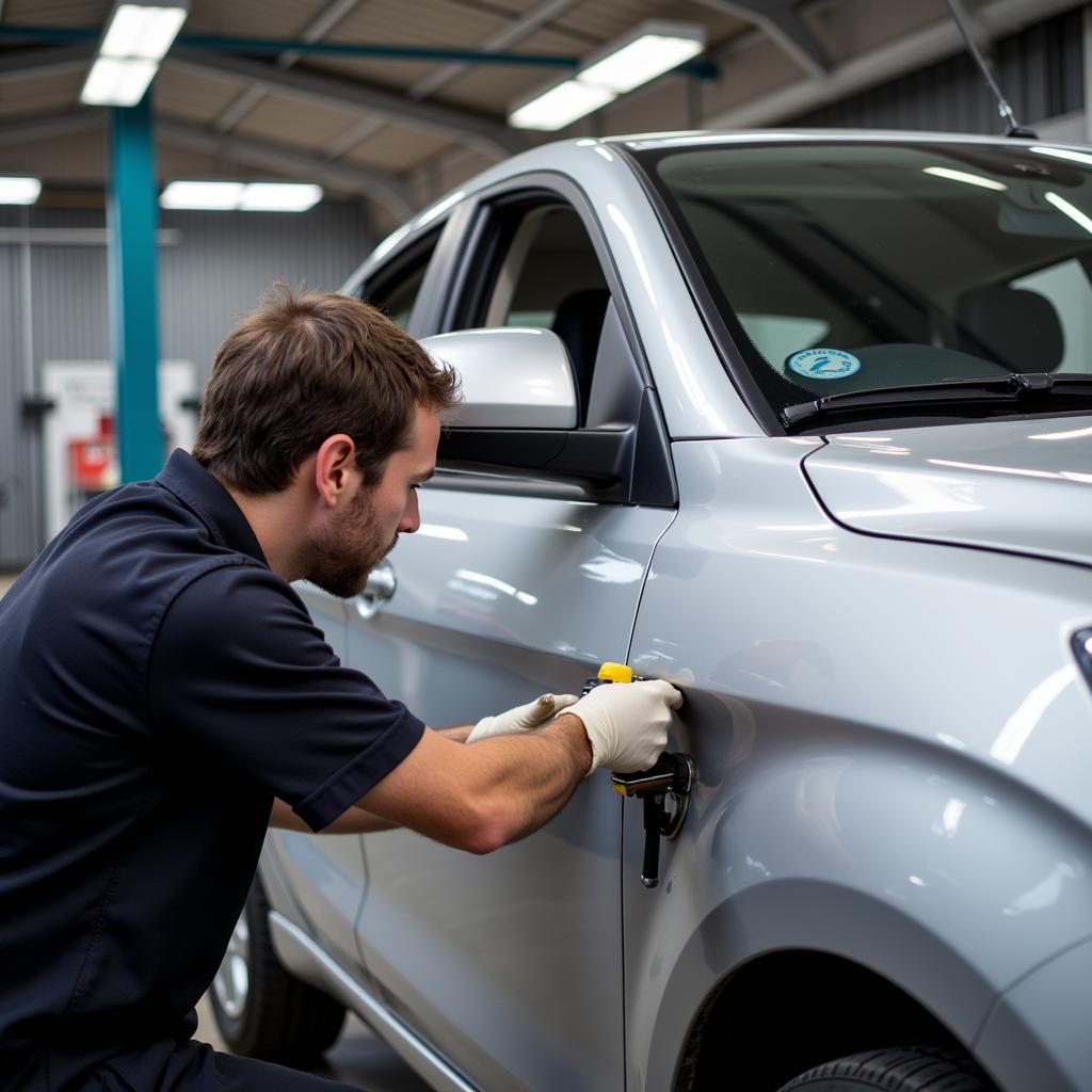 Dent removal process on a car door in Conwy