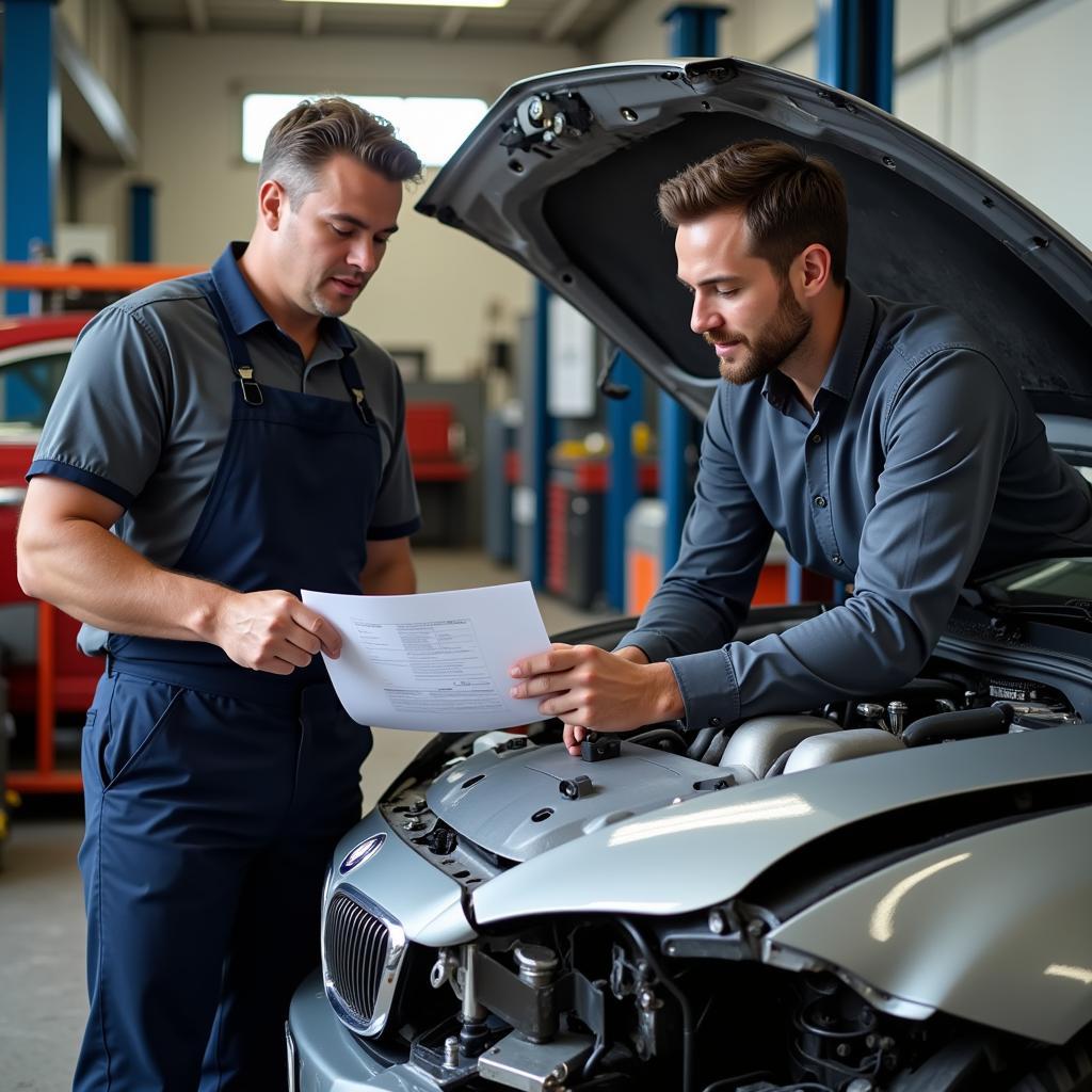 Customer discussing car repair estimate with mechanic in Wellingborough