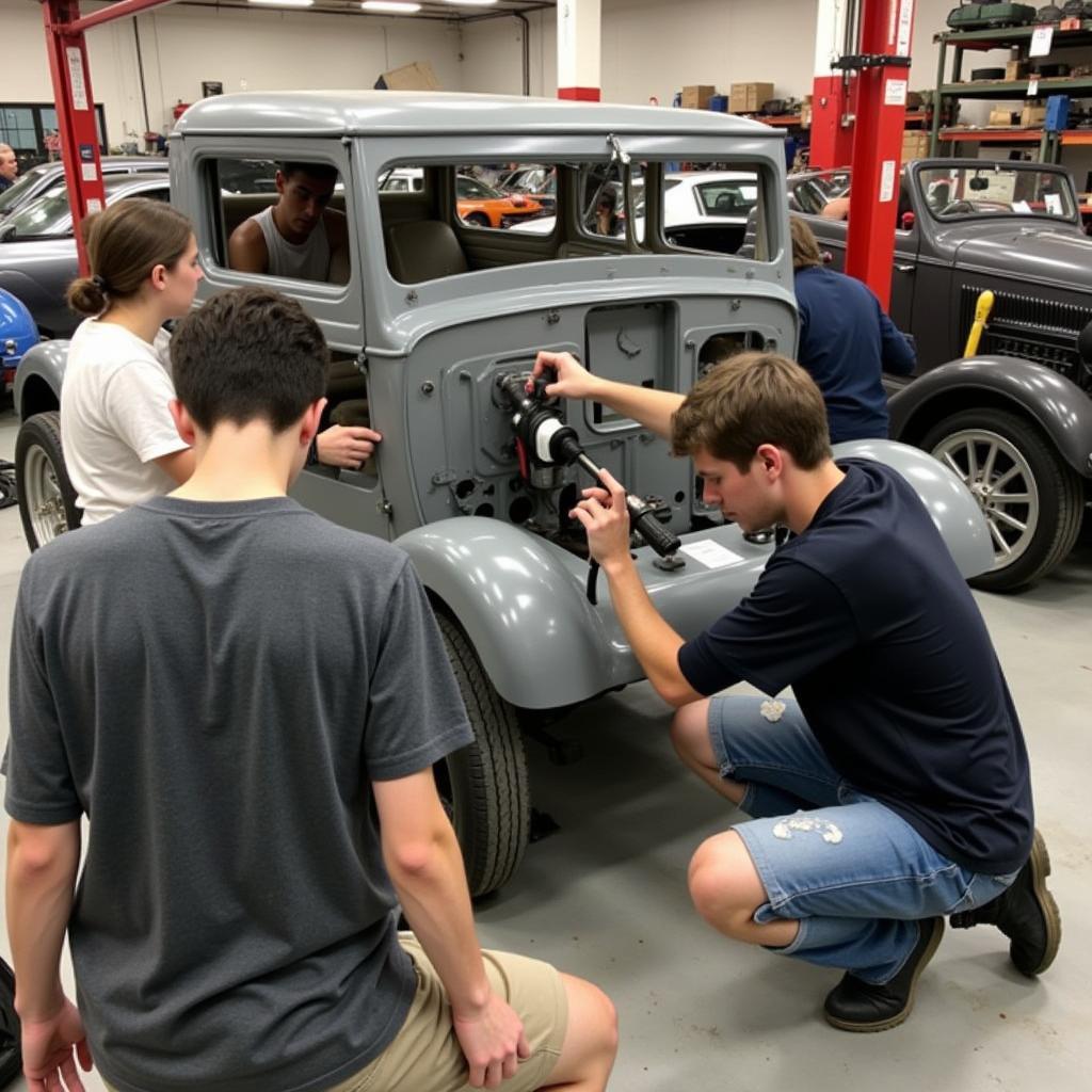 Students using equipment in a car body repair course