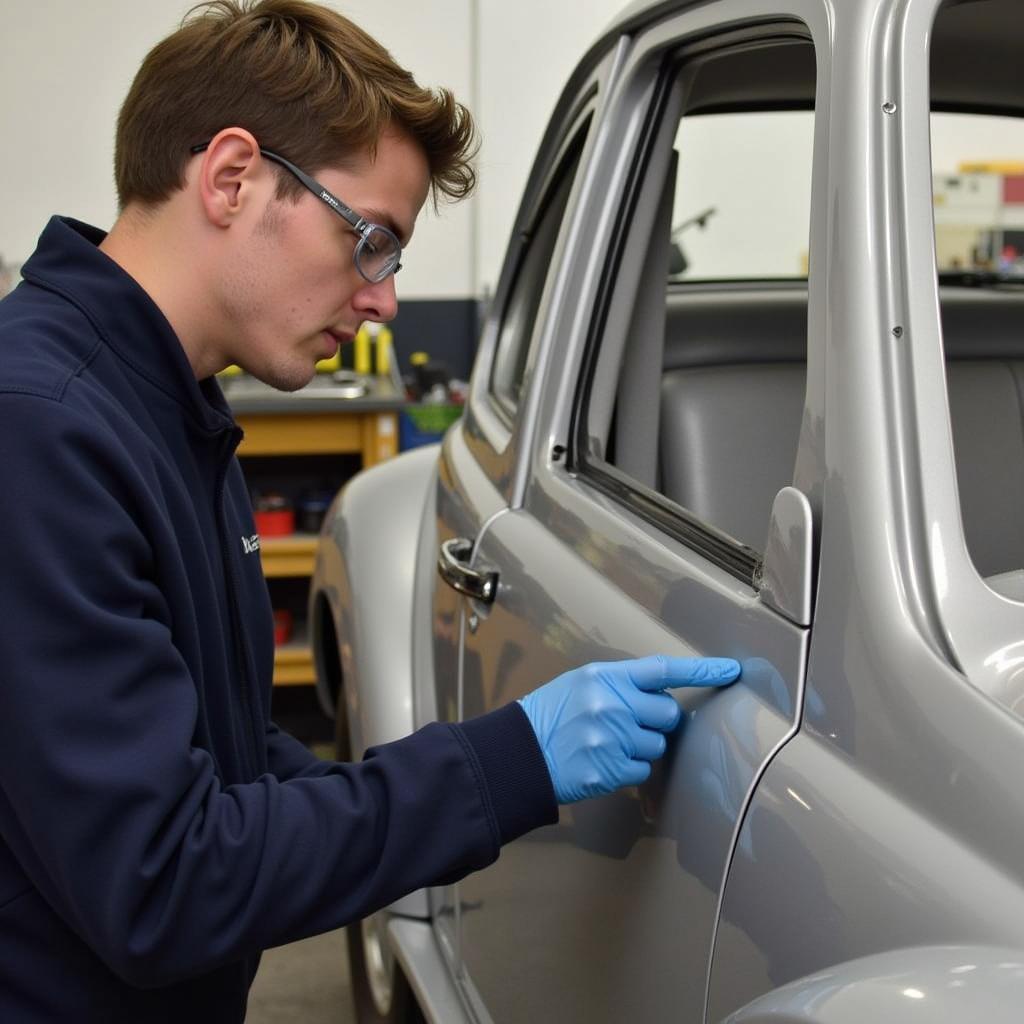 A student practices car body repair techniques in a Nottingham workshop