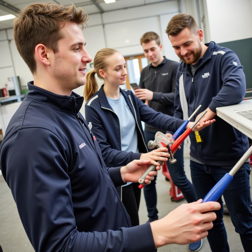 Students working on car body repair in a Plymouth classroom