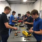 Students learning car body repair in a Gloucester workshop