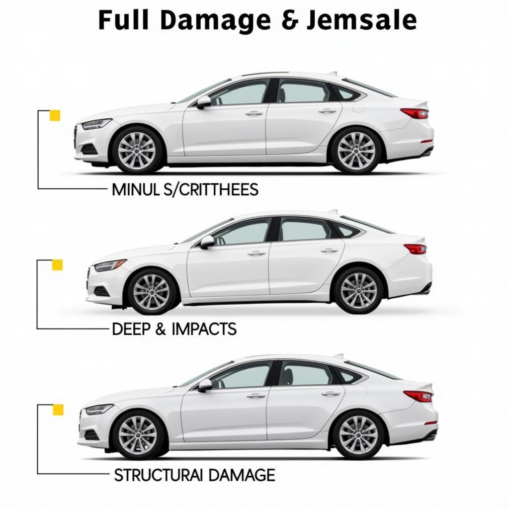 Car body repair damage assessment showing different levels of damage on a vehicle.