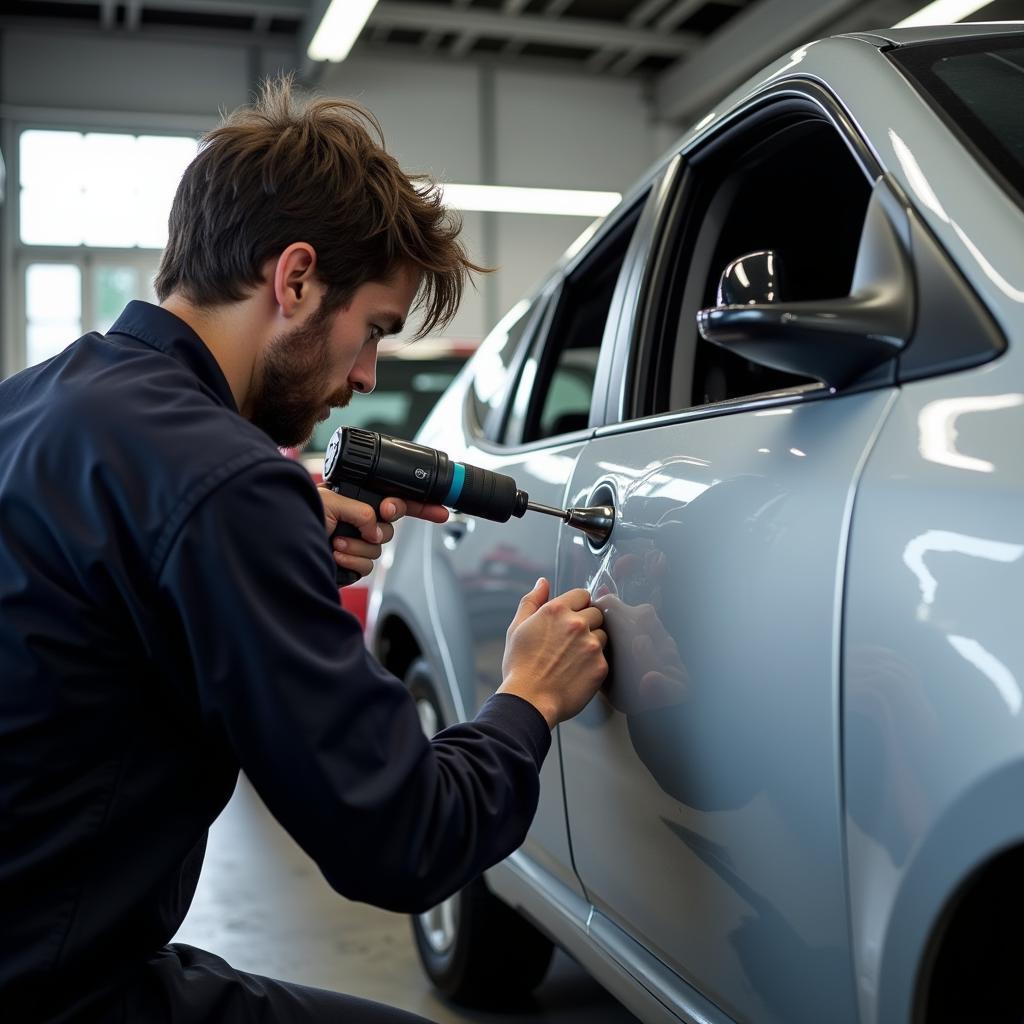 Dent removal process at a car body repair shop in Dundee