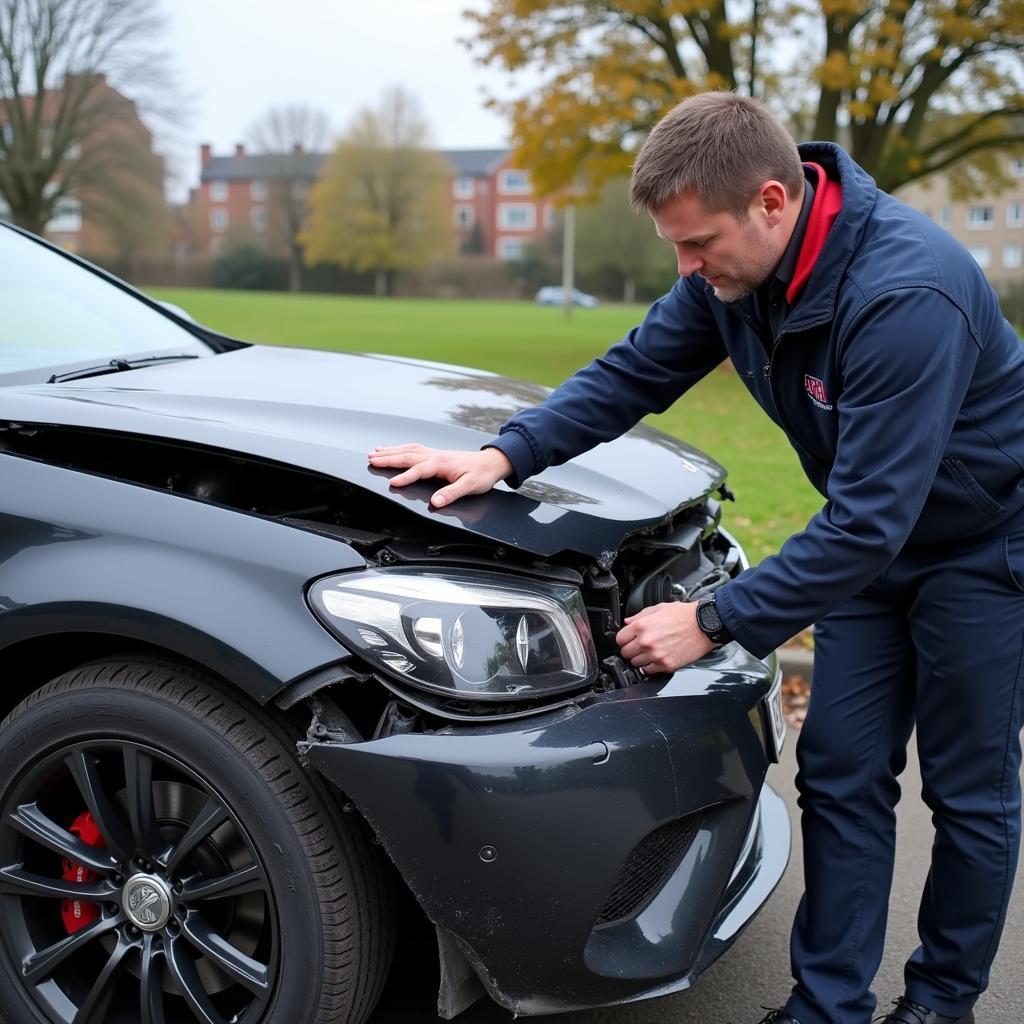 Insurance assessor inspecting car damage in Dundee