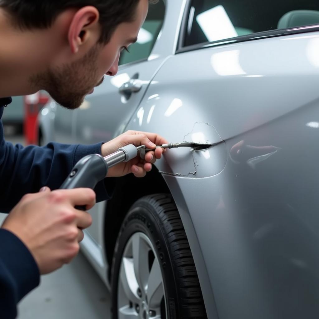 Car body repair in Eastbourne: Dent removal process on a silver car