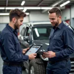 A mechanic providing a car body repair estimate in Manchester