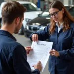 A customer reviewing a car body repair estimate with a representative at a Rugby shop