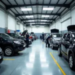 Inspecting a car body repair garage for cleanliness and organization.