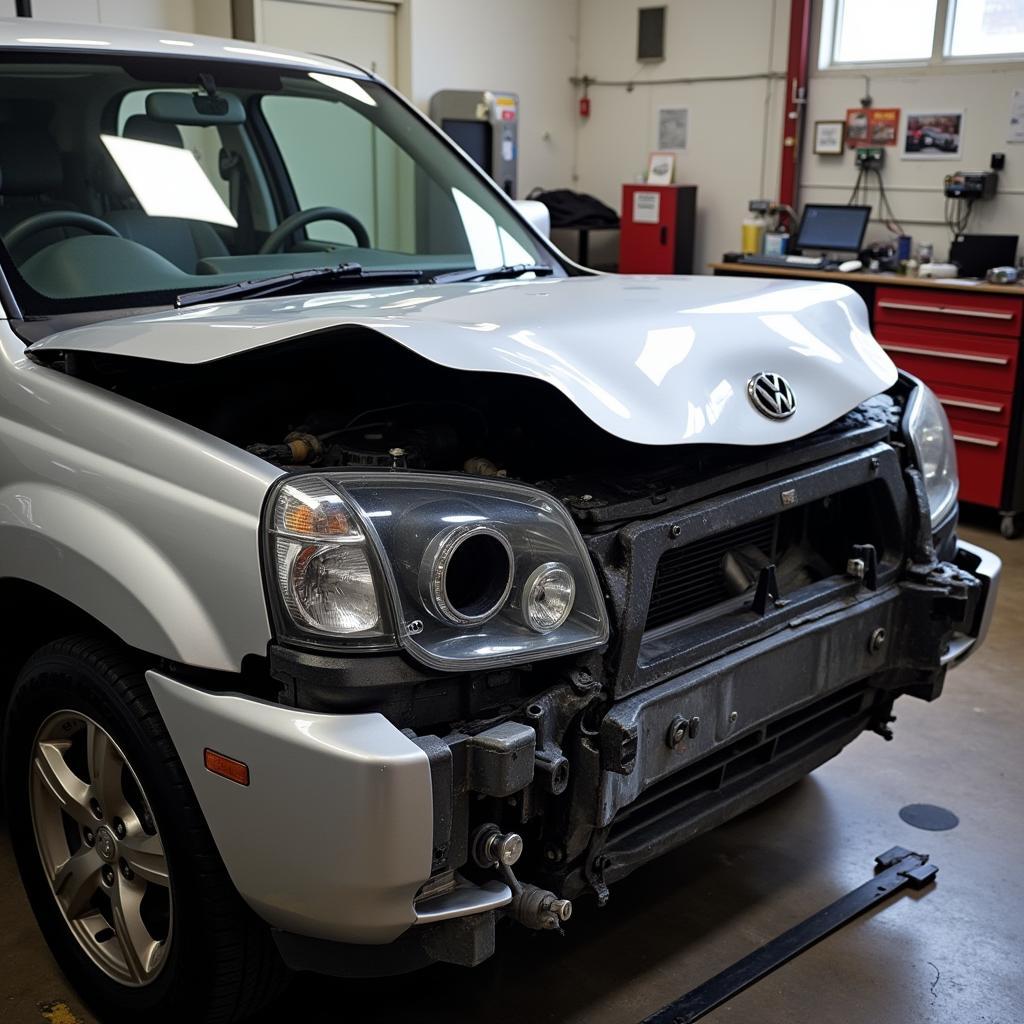 Car with collision damage in a Glasgow repair shop